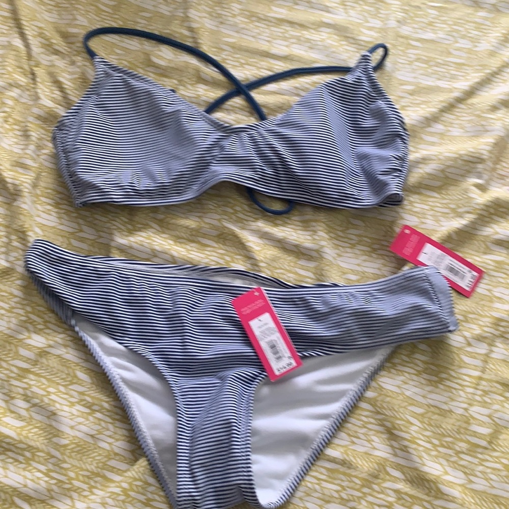 NWT Xhiliration blue and white bikini